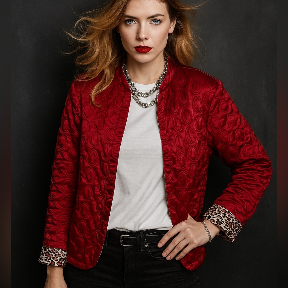 Red Quilted Statement Jacket Leopard Cuffs NWT - image 1
